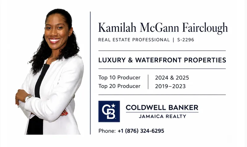 Business card of Kamilah McGann Fairclough, Real Estate Professional, Coldwell Banker Jamaica Realty: Luxury and Waterfront Properties, Top 10 Producer 2024 and 2025, Top 20 Producer 2019 to 2023