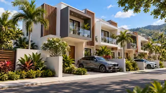 Contemporary Jamaican townhouses with tropical landscaping and private driveways