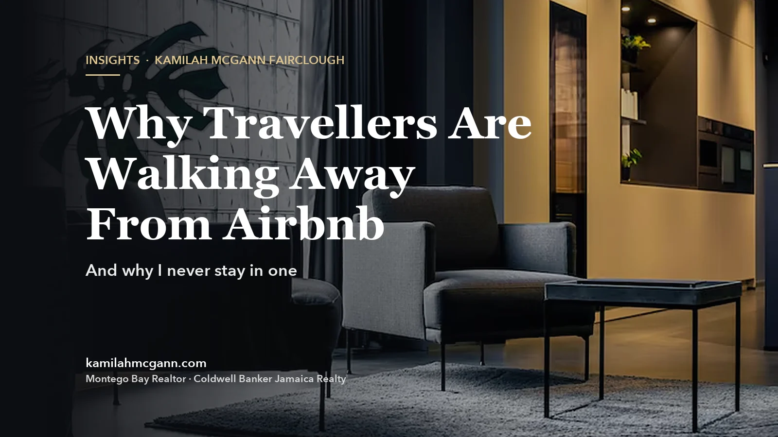 Cover: Why Travellers Are Walking Away From Airbnb. A dark, modern living room with grey armchairs and a monstera plant