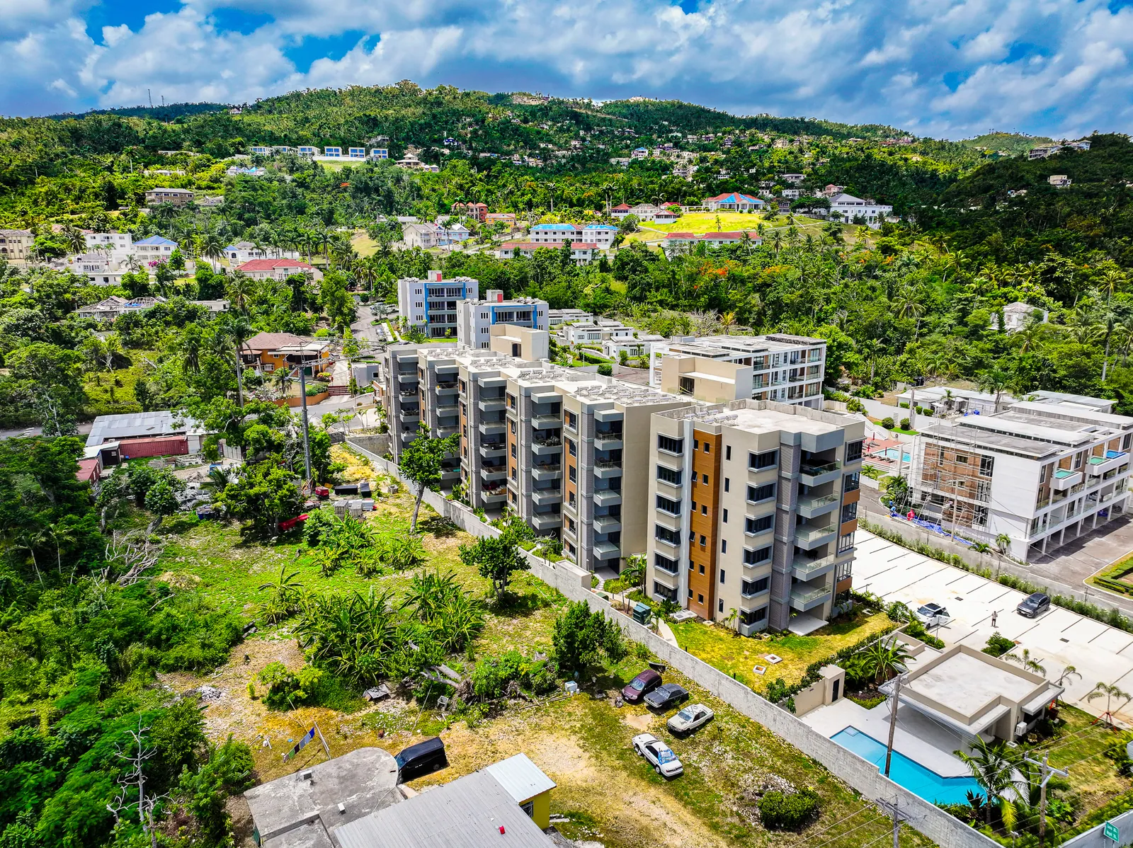 Aerial view of the One Reading apartment buildings on the hillside in Reading, St. James