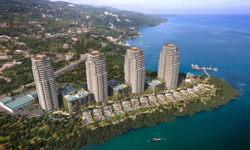 Aerial rendering of The Pinnacle towers on the Reading Peninsula, Montego Bay