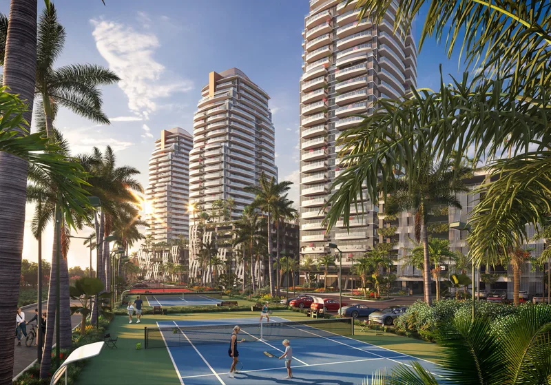 Computer-generated image of the residents' tennis courts with The Pinnacle towers behind