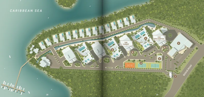 Illustrative masterplan of The Pinnacle estate on the Reading Peninsula showing the four towers, villas, marina and amenities